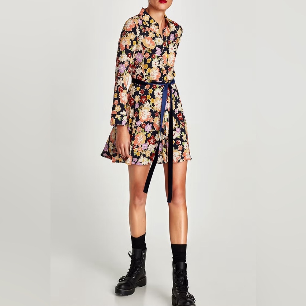Zara Trafaluc Collection Floral Print Shirtdress with Belt, Women's Size Medium